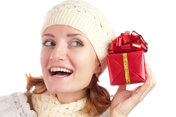 Beautiful smiling woman with gift — Stock Photo, Image