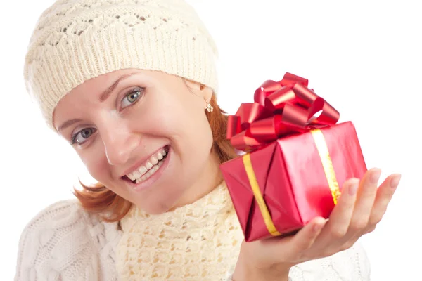 Beautiful smiling woman with gift — Stock Photo, Image