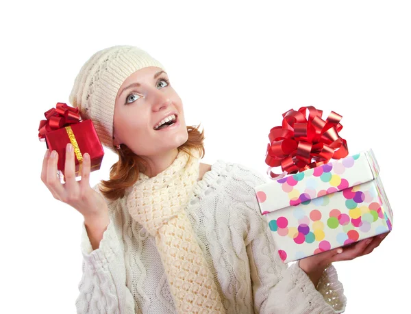 Happy smiling woman with gifts — Stock Photo, Image