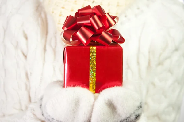 Weihnachtsgeschenk in Handflächen — Stockfoto