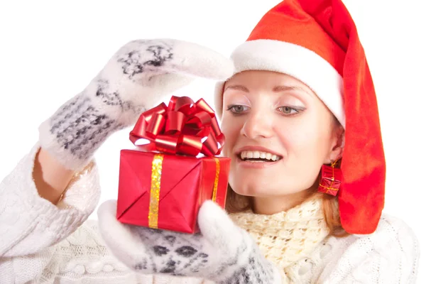 Happy woman in christmas hat with gift — Stock Photo, Image