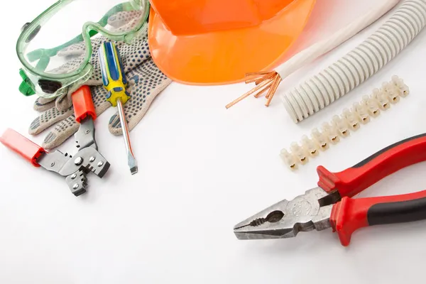 Electrician Tools Hardhat Pliers Cables Cutter Etc — Stock Photo, Image