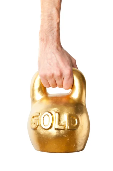 Hand Holding Heavy Weight Gold Isolated White — Stock Photo, Image