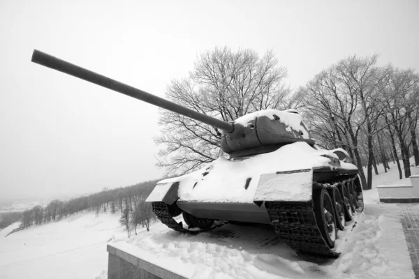 stock image Old frozen russian WWII tank T-34 in memorial