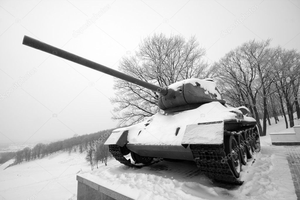 Old frozen russian WWII tank T-34 in memorial