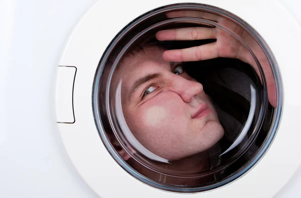 Close Bizarre Man Washing Machine — Stock Photo, Image