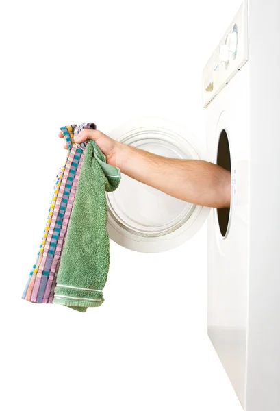 Hand Lastning Tvättmaskin Isolerad Vit — Stockfoto