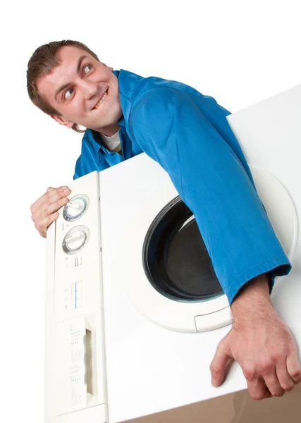 Olycksbådande Tjuv Håller Stulna Tvättmaskin Isolerad Vit — Stockfoto
