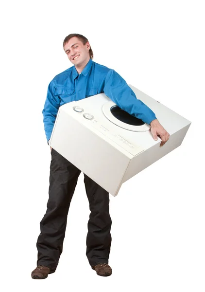Reparador segurando máquina de lavar roupa — Fotografia de Stock