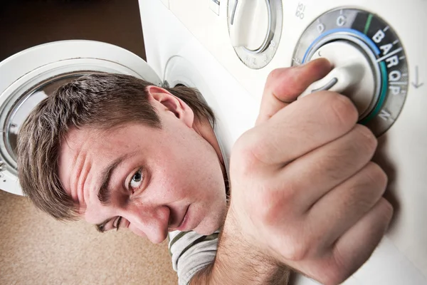 Close Surprised Man Washing Machine — Stock Photo, Image