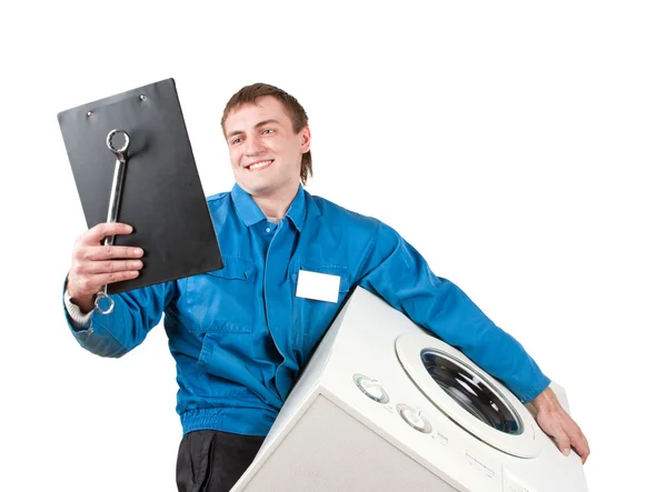 Reparador manutenção máquina de lavar roupa — Fotografia de Stock