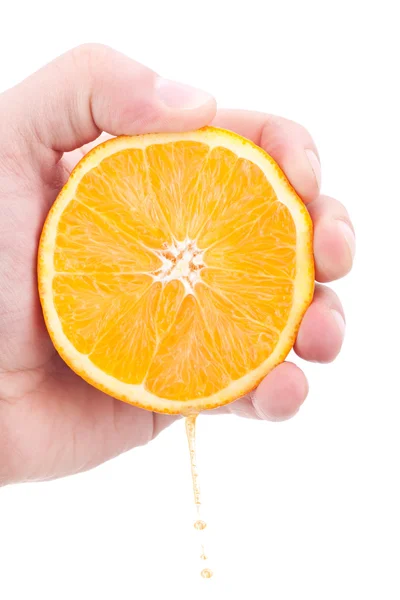 Saftig Apelsin Avsnitt Hand Isolerad Vit — Stockfoto