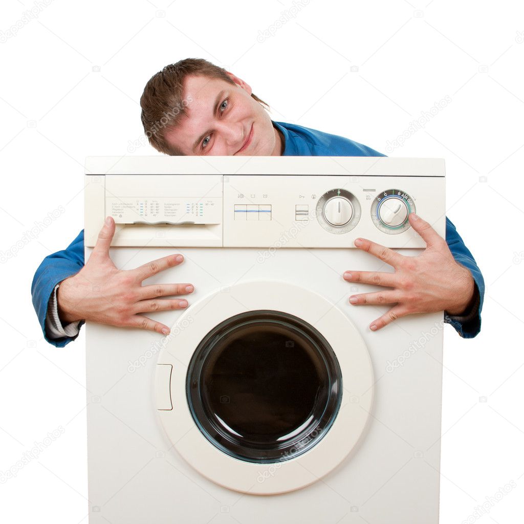 Repairman embraces washing machine
