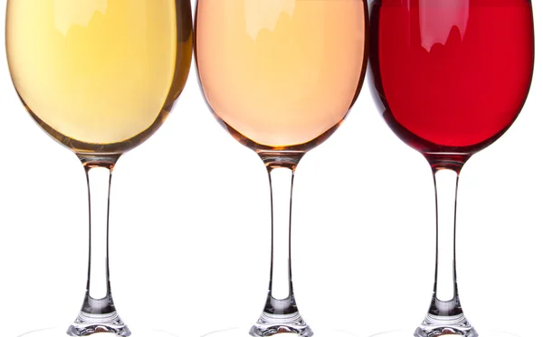 Nahaufnahme Von Drei Weingläsern Gelb Rosa Und Rot — Stockfoto