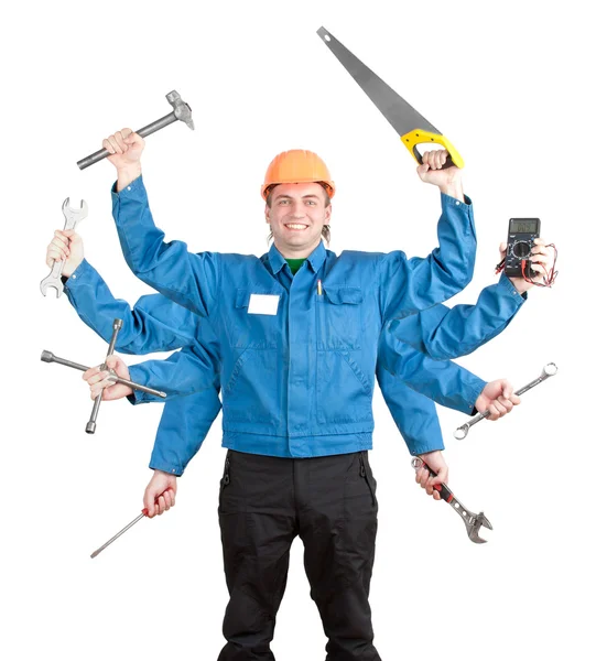 Smiling worker with tools in many hands — Stock Photo, Image
