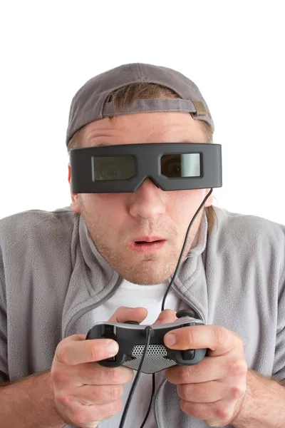 Jogador surpreso com joystick e óculos 3-D — Fotografia de Stock