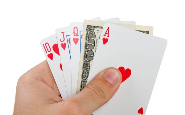 Royal flush with $100 in hand — Stock Photo, Image