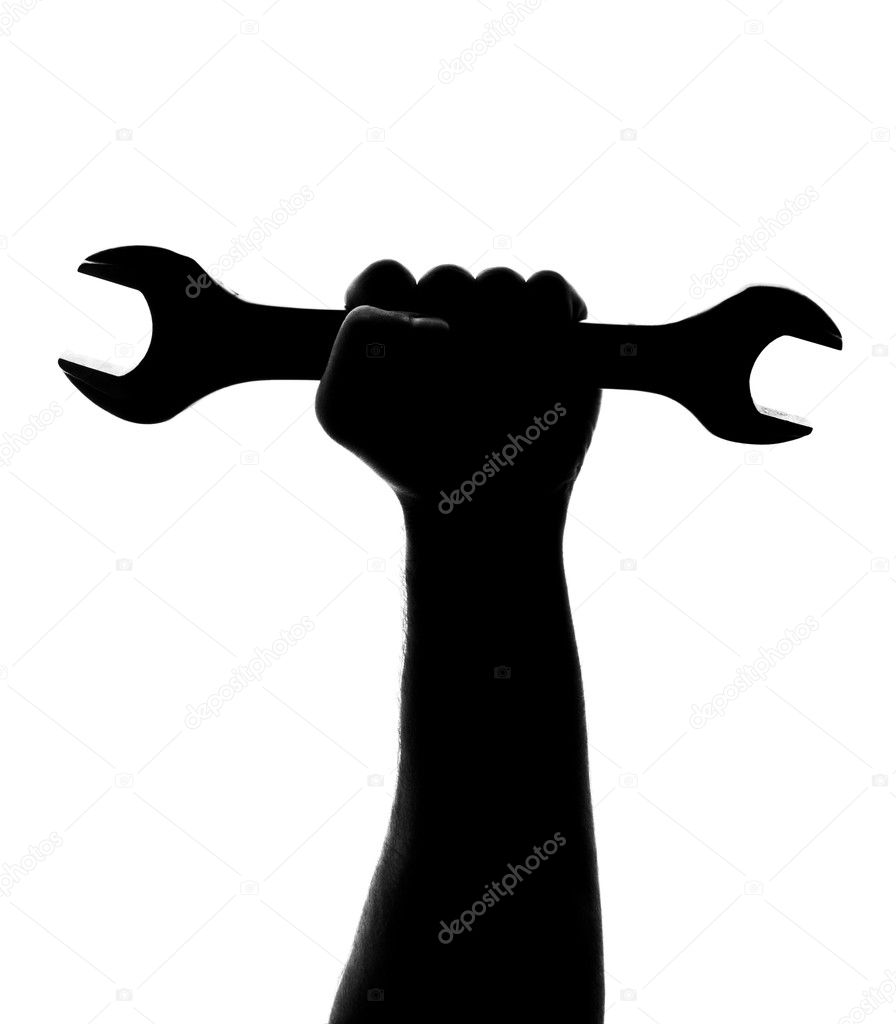 Silhouette of repairman hand with wrench