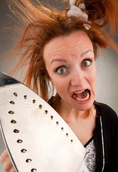 stock image Screaming housewife with steam iron