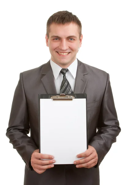 Улыбающийся бизнесмен держит планшет — стоковое фото