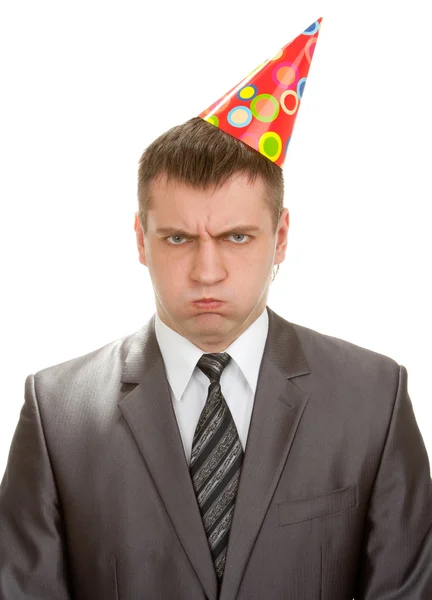 Sad birthday businessman in hat — Stock Photo, Image