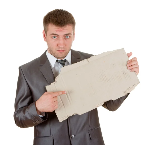 Грустный бизнесмен с картонной рамой — стоковое фото
