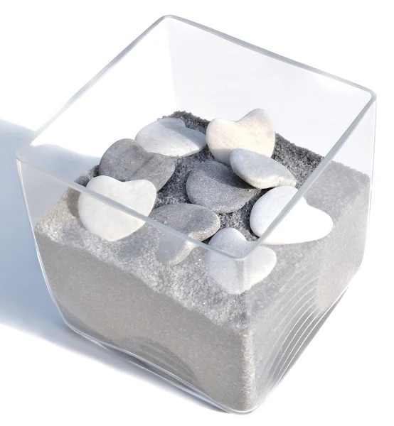 Glass Container Filled Sand Stone Hearts White Background — Stock Photo, Image