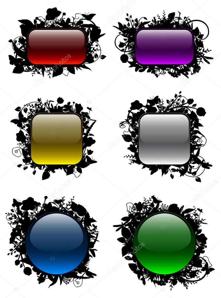 Glassy buttons in floral frames. Vector