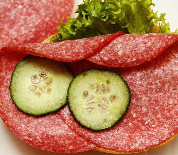 Sandwiches Sausage Salad Fresh Cucumber — Stock Photo, Image