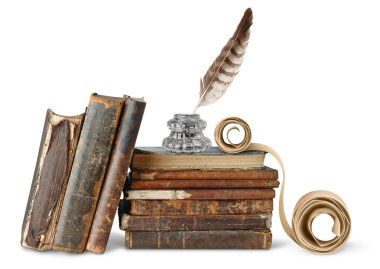 Old books, inkstand and scroll clipart