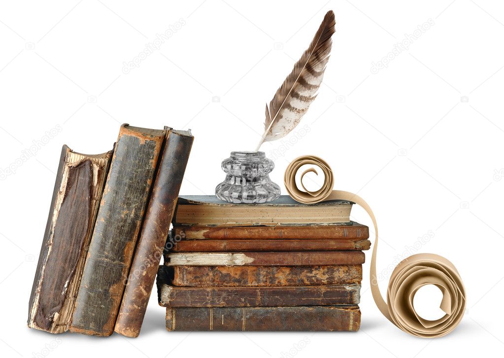 Old books, inkstand and scroll