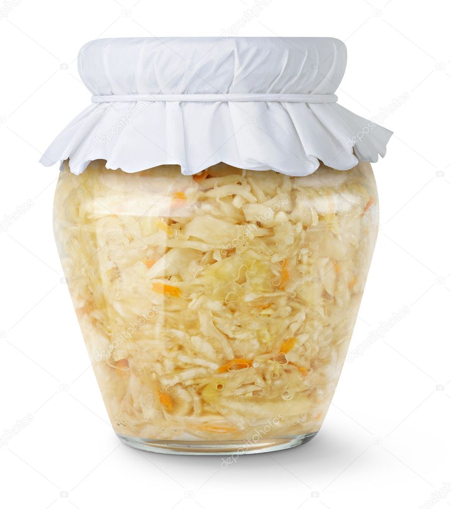 Marinated cabbage (sauerkraut) in glass jar