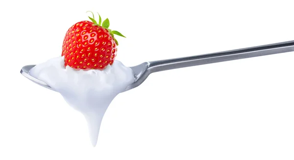 Löffel Erdbeerjoghurt — Stockfoto
