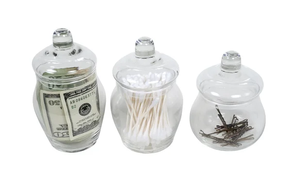 薬剤師 jar ファイルお金、クリーナー、ヘアー クリップでいっぱい — ストック写真