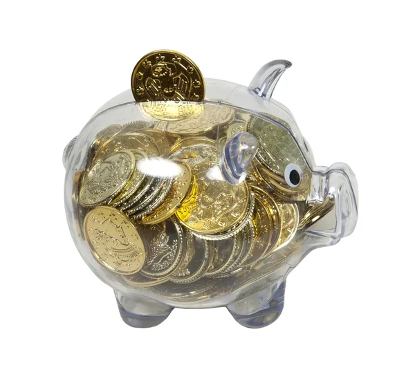 Piggy Bank preenchido com moedas de ouro — Fotografia de Stock
