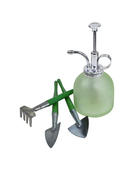Spritzer de agua y herramientas de jardín — Foto de Stock