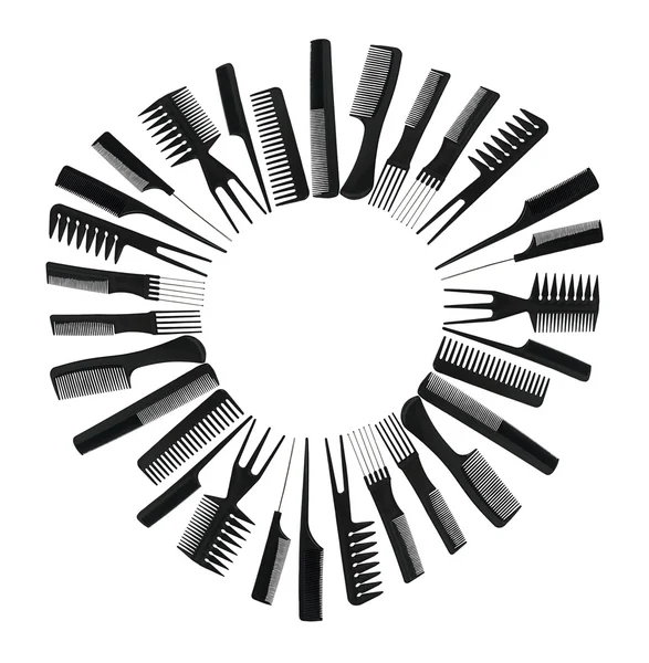 Велике Коло Різноманітних Косметологічних Гребінців Догляду Волоссям Укладанням Шлях Включений — стокове фото