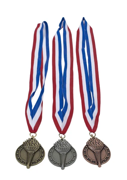 stock image Award ribbon with gold, silver and bronze medallions - path included