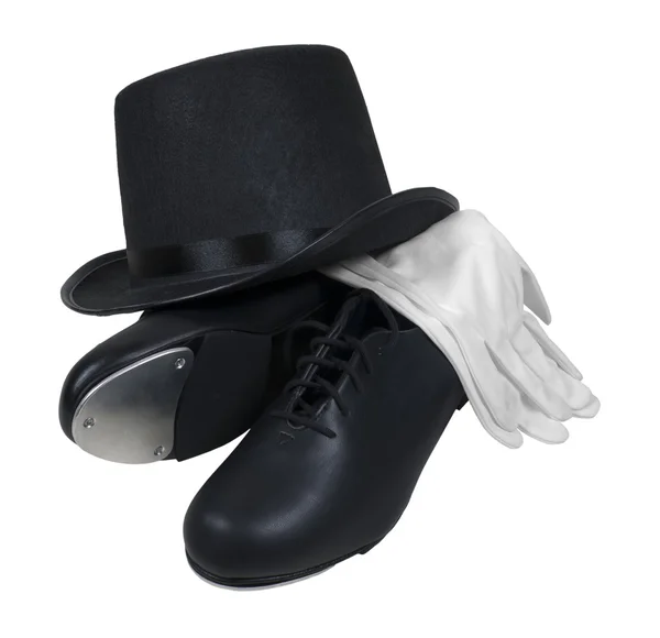Skórzane Buty Stepowania Kapeluszu Białych Rękawiczek Formalnego Wydajność Ścieżka Dołączona — Zdjęcie stockowe