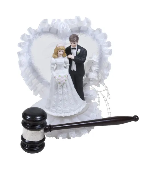 Casamento Bolo Topper Com Rendas Noiva Noivo Com Martelo Madeira — Fotografia de Stock