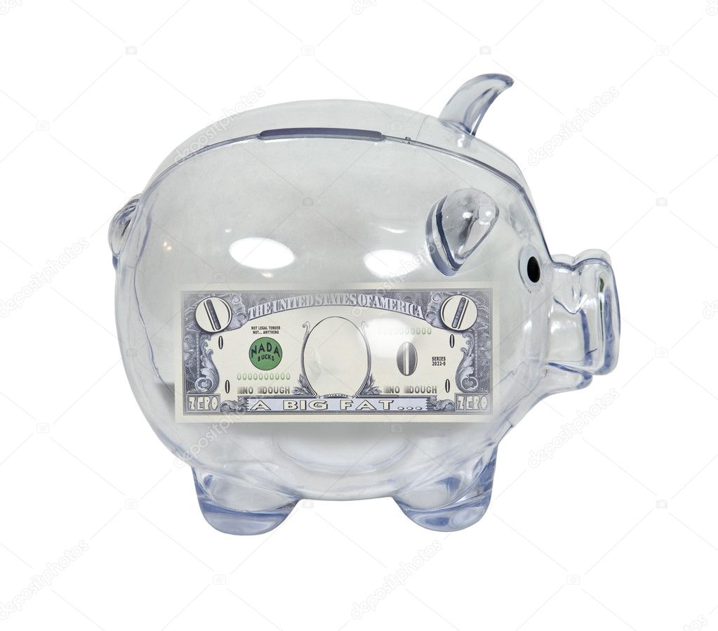 Clear piggy bank used to save money with zero money inside - path included