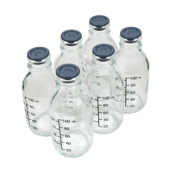 Bottiglie Vetro Medico Con Misure Fluido Scritte Sui Lati Percorso — Foto Stock
