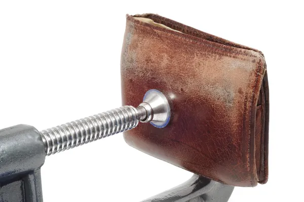 Old Worn Wallet Being Squeezed in a C Clamp — Stock Photo, Image