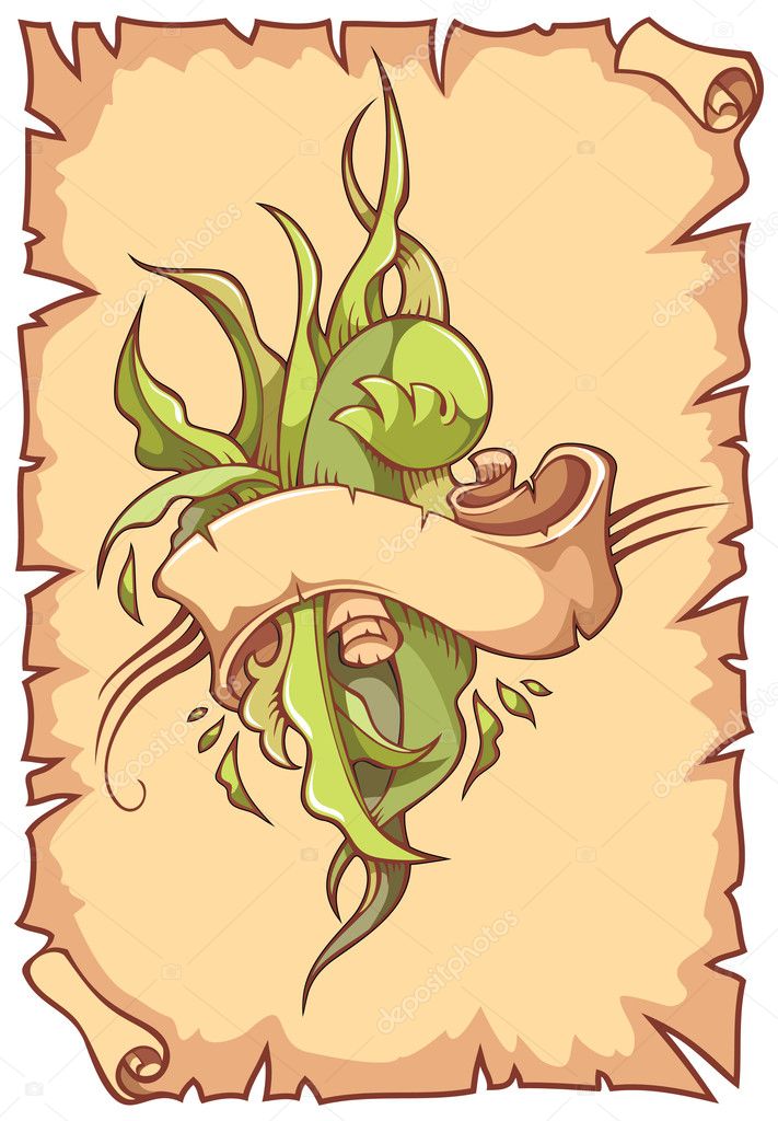 Twisted ribbon with leaves, on scroll background illustration