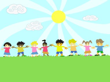 Kids hand in hand on the grass clipart