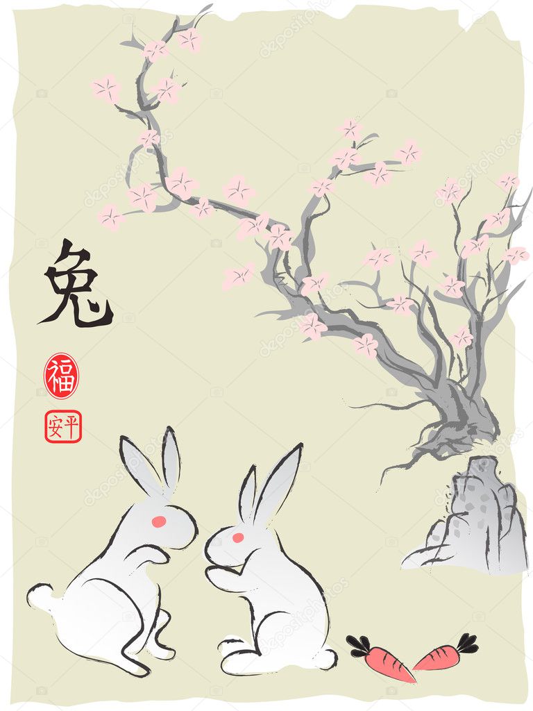 Rabbits for chinese Lunar year, Ink Painting