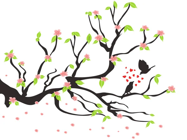 Kärleksfulla fåglar på våren plommon träd — Stock vektor