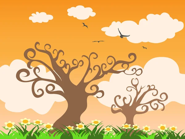 Прекрасна Сцена Дерева Трави Заході Сонця — стоковий вектор