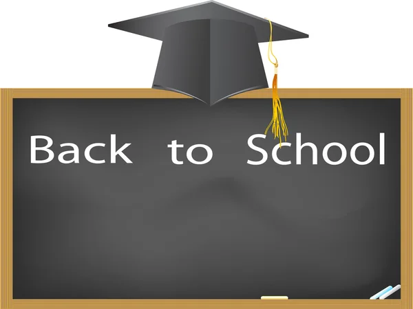 Retour à l'école- chapeau de graduation accroché au-dessus du tableau noir — Image vectorielle