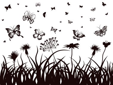 kelebekler, çiçekler ve çim